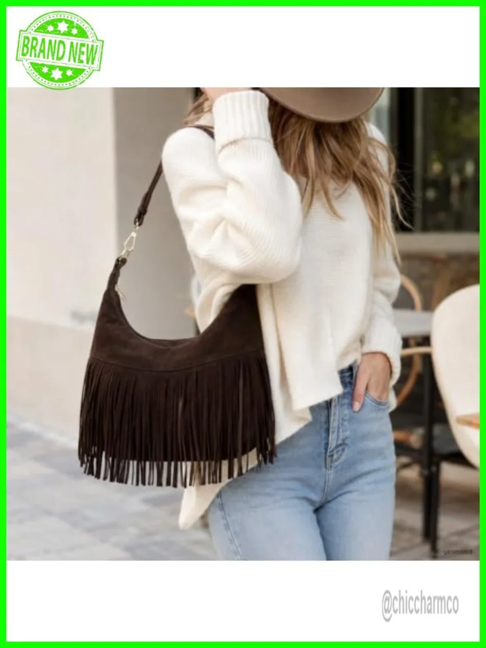 Vegan Suede Fringe Hobo Bag Crossbody Shoulder Purse